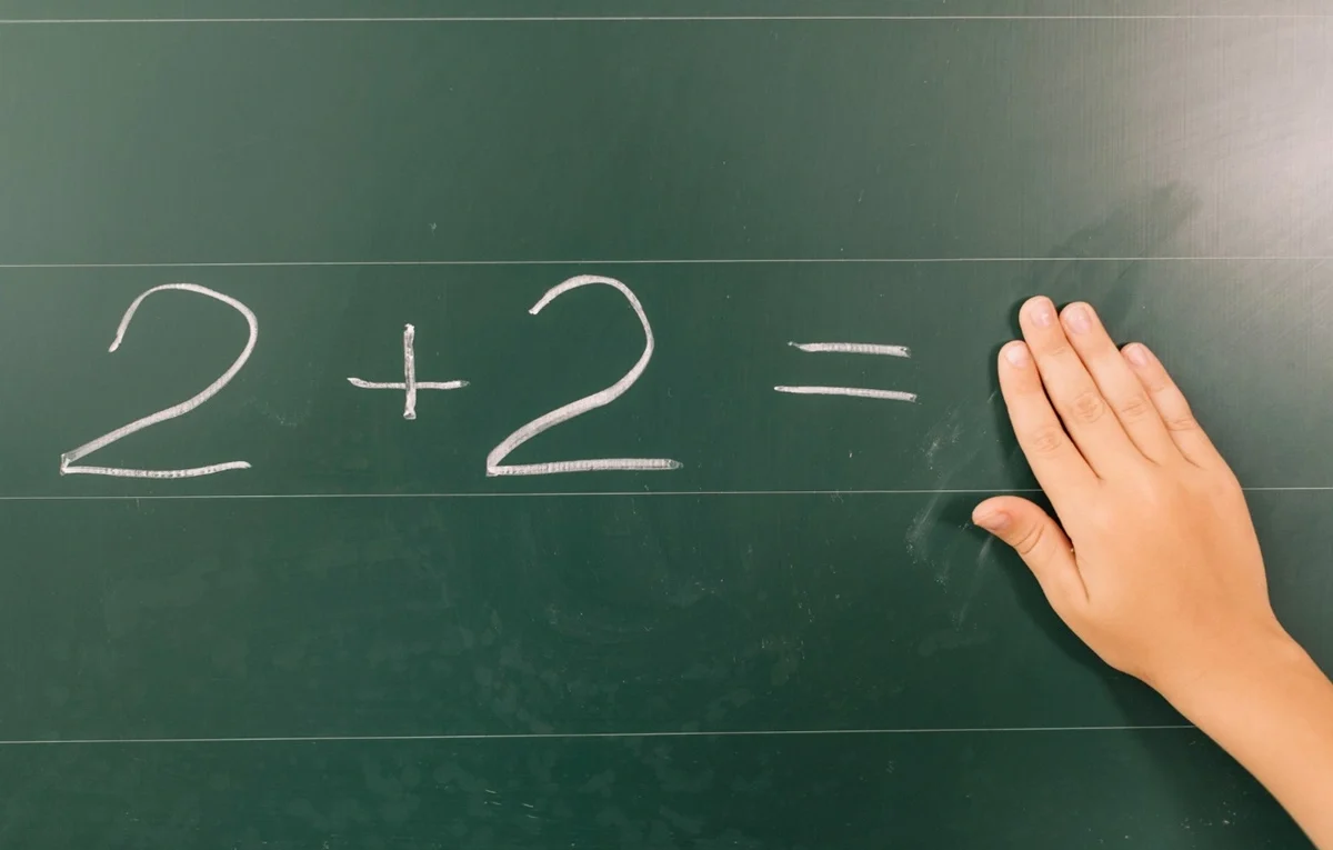 imagem de uma lousa com uma operações matemáticas e a mão da professora cobrindo o resultado.