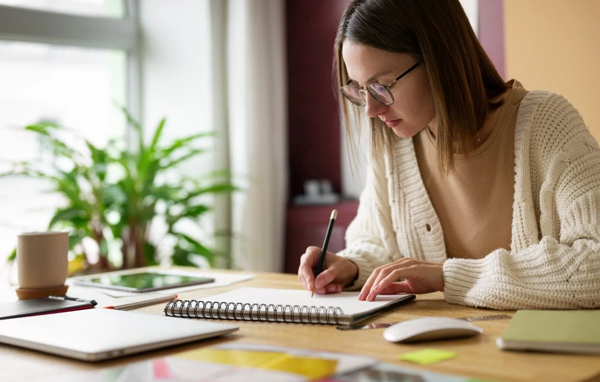 imagem de mulher sentada escrevendo em um caderno de estudos