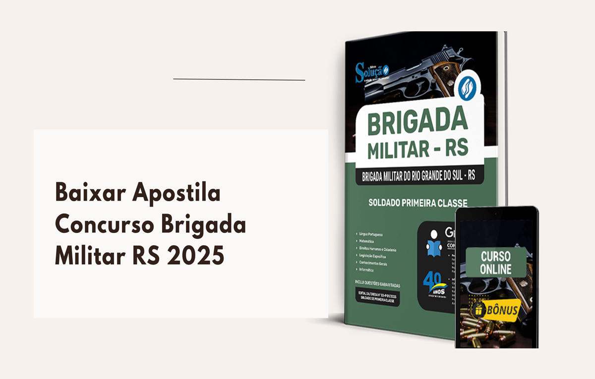imagem de capa da apostila brigada militar rs 2025 com texto sobre baixar
