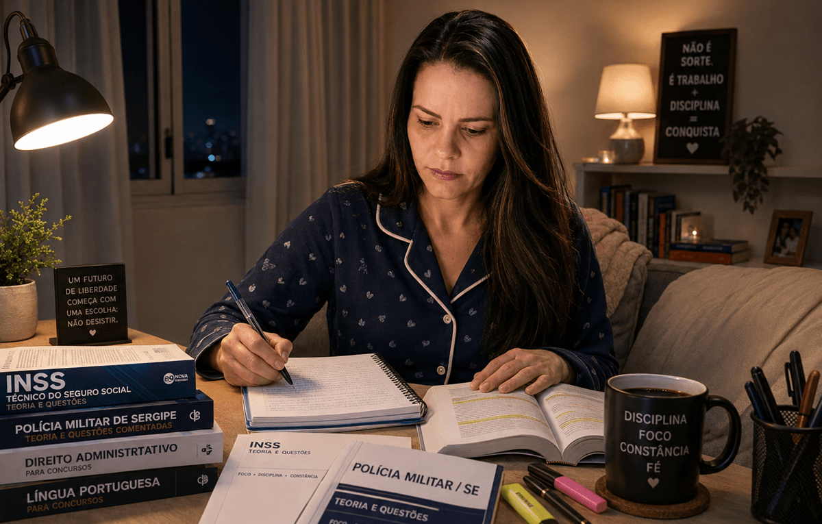 imagem de uma mulher de pijamas estudando em seu quarto a noite